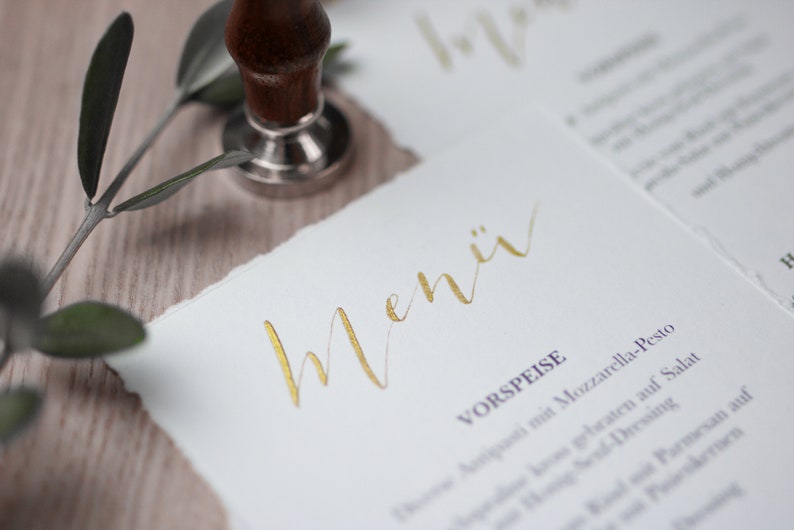 Menu cards wedding eucalyptus, buffet cards, series 'Olive', calligraphed by hand in gold, uncoated paper, DIN long image 3