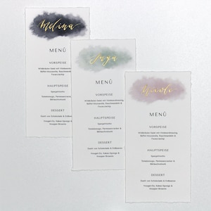 Menükarten Hochzeit Aquarell Boho Gold, Namensschilder Platzkarten Tischdeko, DIN Lang, Naturpapier Büttenpapier Optik, personalisiert