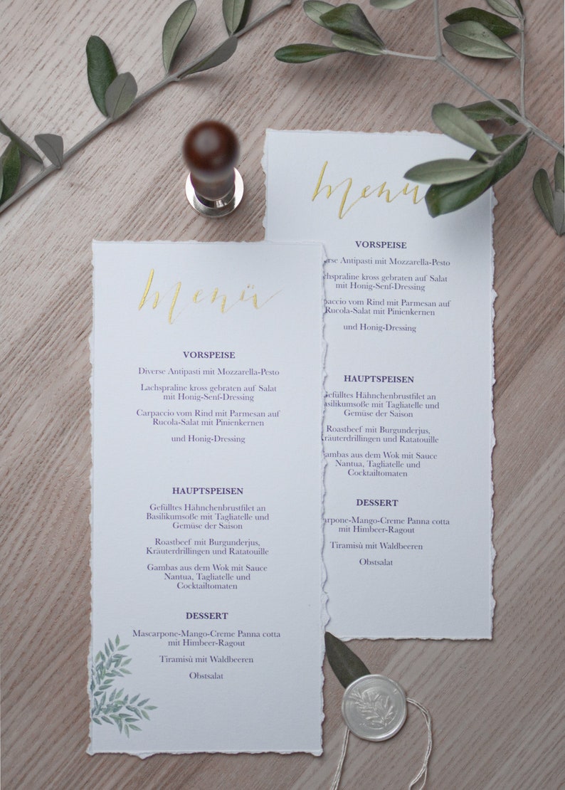 Menu cards wedding eucalyptus, buffet cards, series 'Olive', calligraphed by hand in gold, uncoated paper, DIN long image 2