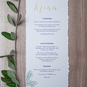 Menu cards wedding eucalyptus, buffet cards, series 'Olive', calligraphed by hand in gold, uncoated paper, DIN long image 5