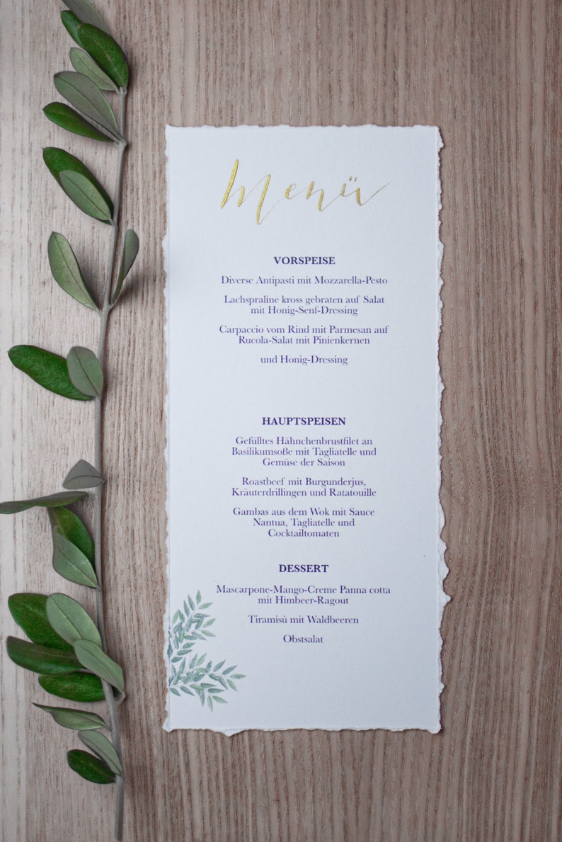 Menu cards wedding eucalyptus, buffet cards, series 'Olive', calligraphed by hand in gold, uncoated paper, DIN long image 5