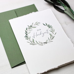 Karte Hochzeit Eukalyptus Olive, Glückwunschkarte Büttenpapier, Hochzeitsgeschenk, Hochzeitskarte, Karte Hochzeit Blumenkranz, mit Kuvert