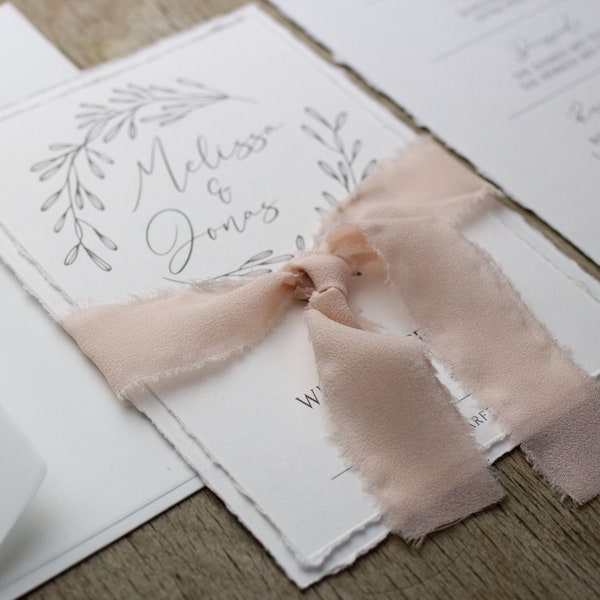 Einladung Hochzeit, Einladungskarte Büttenpapier mit Chiffon Band in rosé, Hochzeitseinladung elegant,