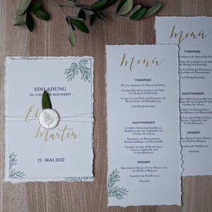 Menu cards wedding eucalyptus, buffet cards, series 'Olive', calligraphed by hand in gold, uncoated paper, DIN long image 6