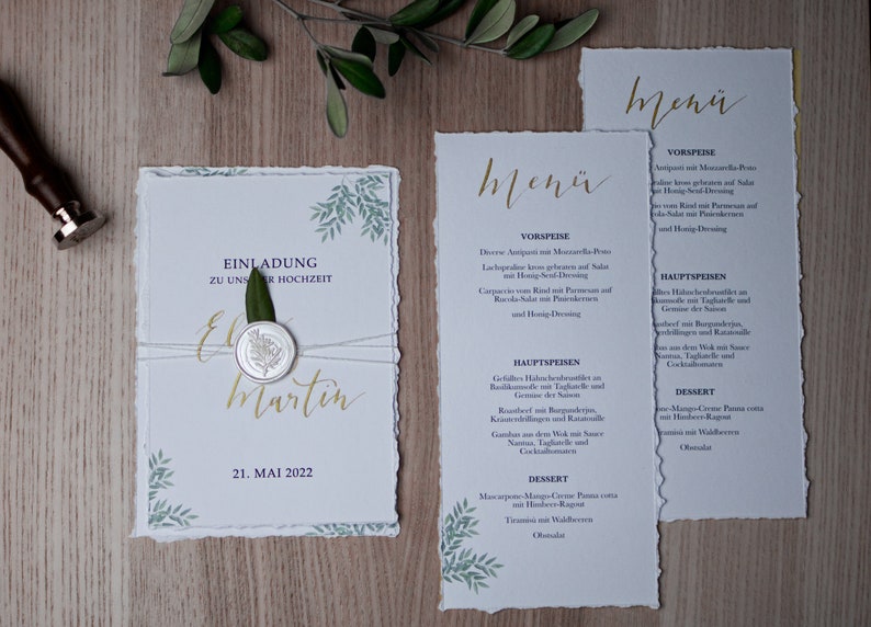 Menu cards wedding eucalyptus, buffet cards, series 'Olive', calligraphed by hand in gold, uncoated paper, DIN long image 6