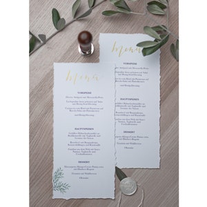 Menu cards wedding eucalyptus, buffet cards, series 'Olive', calligraphed by hand in gold, uncoated paper, DIN long image 1