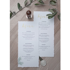 Menükarten Hochzeit Eukalyptus, Buffetkarten, Serie 'Olive', von Hand in Gold kalligrafiert, Naturpapier, DIN lang