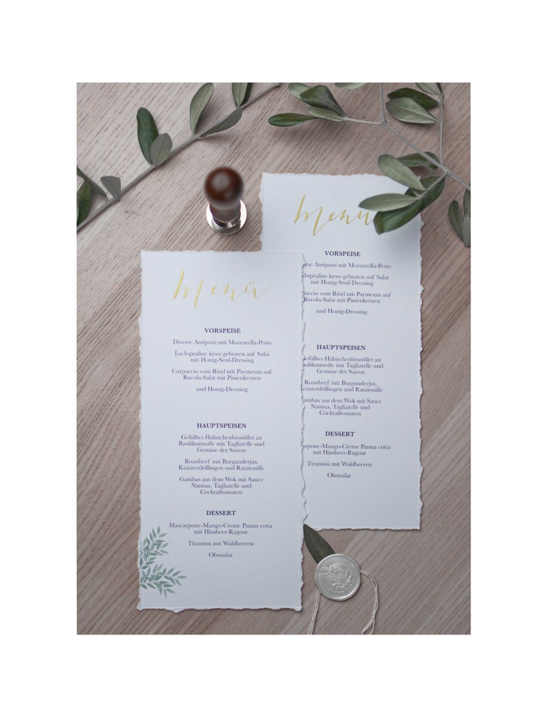 Menu cards wedding eucalyptus, buffet cards, series 'Olive', calligraphed by hand in gold, uncoated paper, DIN long image 1