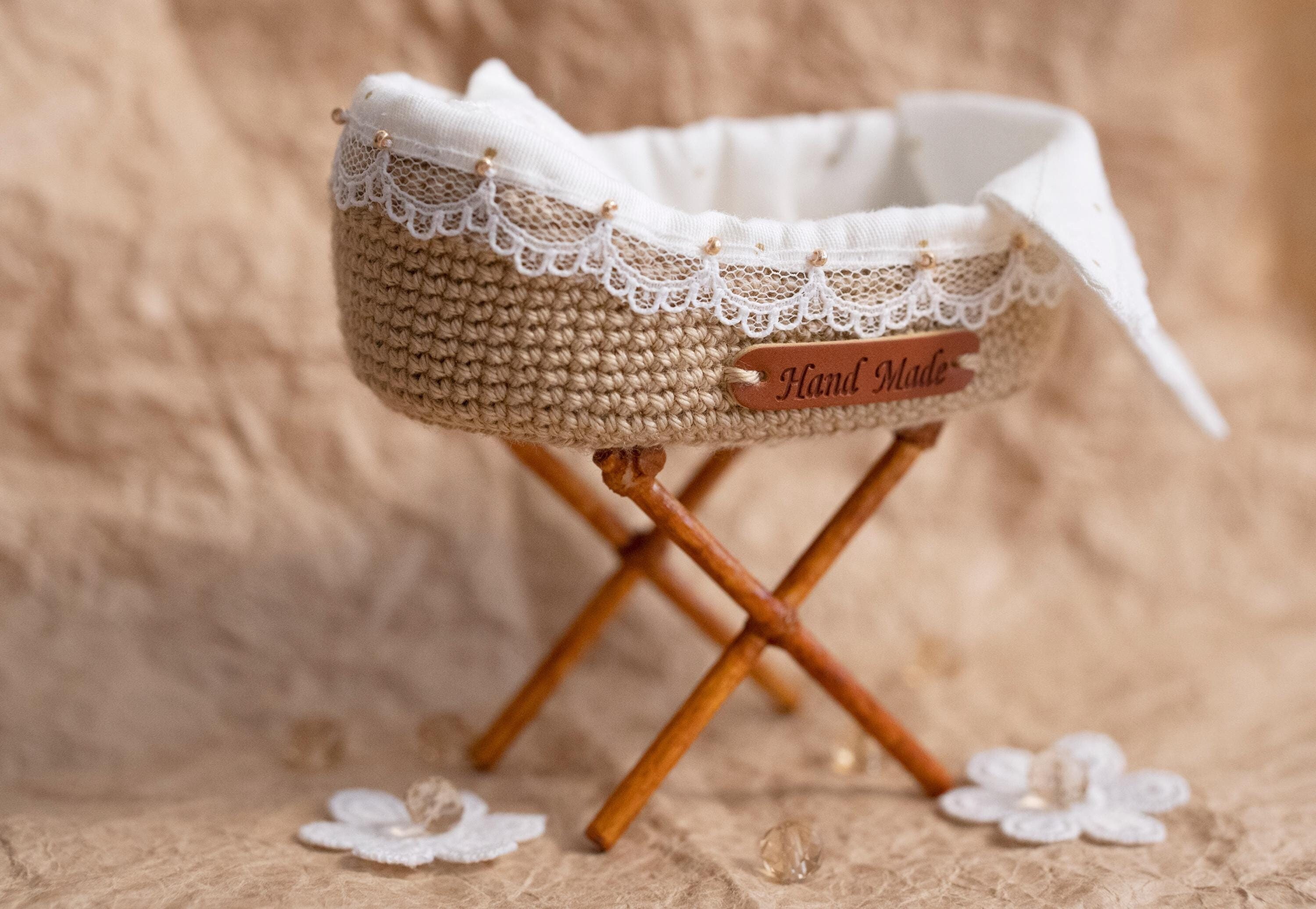 Mini doll basket for baby doll  2/5 - 3 inch  Vintage Miniature doll crib  Mini silicone baby doll bed