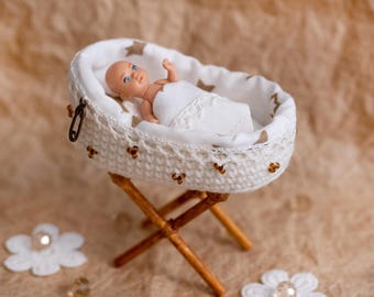Mini doll basket for baby doll  2- 2/5 inch  Miniature vintage doll crib   Mini silicone baby doll bed  Mini doll bassinet  baby doll crib