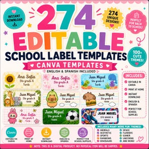 Editable School Labels Bundle | Canva Templates, Back to School Name Stickers (Instant Download)