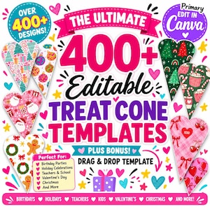 400+ Editable Treat Cone Templates, Canva Treat Holder Bundle, Candy Cone Template, Birthday Teacher Holiday Treat Holder, Drag & Drop