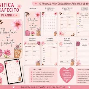 Op de afbeelding: Een 2027 planner getiteld Planifica con Cafecito met een spiraalgebonden omslag met roze bloemen- en koffie-illustraties. De set bevat tien bewerkbare pagina's voor maandkalenders, gewoonte-trackers, maaltijdplannen en notities in 21,6 x 27,9 cm.