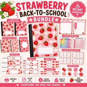 May include: A digital strawberry back-to-school bundle featuring printable notebook covers, weekly schedules, multiplication tables, name tags, pencil wraps, and stickers. The design includes a pink gingham pattern with strawberries and white flowers.