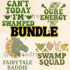 Puede incluir: Un conjunto de gráficos digitales con texto e ilustraciones en verde, negro y beige. Las frases incluyen "Can't Today I'm Swamped", "Ogre Energy" y "Swamp Squad". También se incluyen un burro, un gofre y formas de corazón.