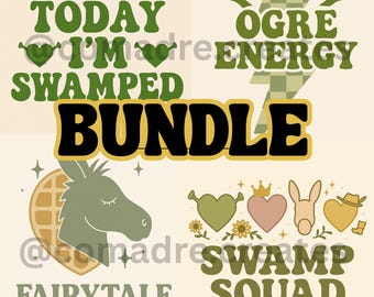 May include: A bundle of digital graphics with text and illustrations in green, black, and tan. Phrases include "Can't Today I'm Swamped," "Ogre Energy," and "Swamp Squad." A donkey, waffle, and heart shapes are also featured.