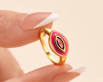 Pink Evil Eye Amethyst Gemstone Ring | 925 Sterling Silver | Gold Plated | Colourful Jewellery