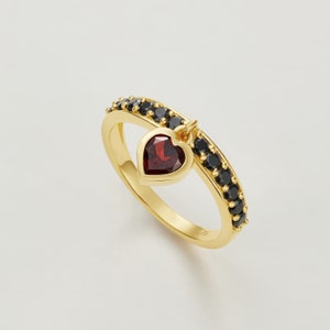 Garnet & Black Onyx Heart Charm Ring Charm Ring | Valentine's Gift | Real Gemstones | Gift For Her