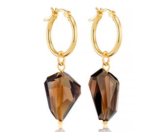 Smokey Quartz Gold Vermeil Hoop Earrings: Hand Cut Gemstones