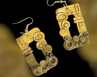Two Tone Gold Polymer Clay Gustav Klimt Organic Square Rectangle Circle Art Nouveau Secession The Kiss Geometric Jewellery Earrings