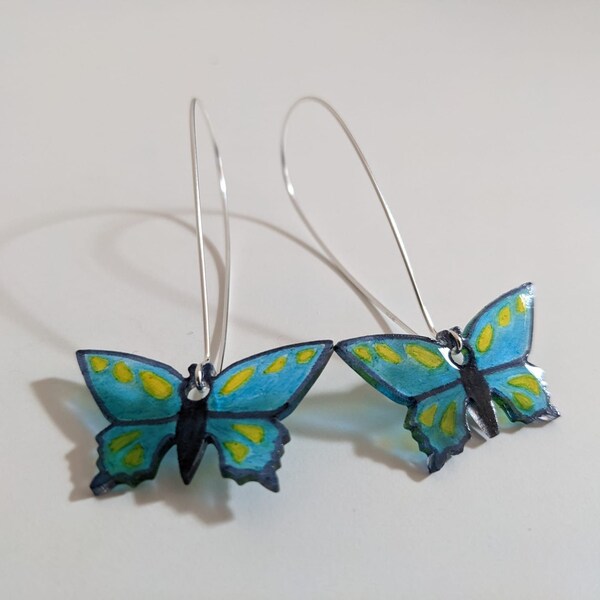 Butterfly Earrings Sterling Silver Loop (blue,yellow) Stained Glass Effect Sun Catcher summer light - sold out made to order