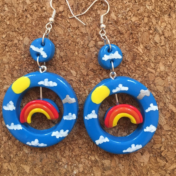 Rainbow Sky Clouds Sun Circle Hoop Blue Polymer Clay Hand Painted Earrings