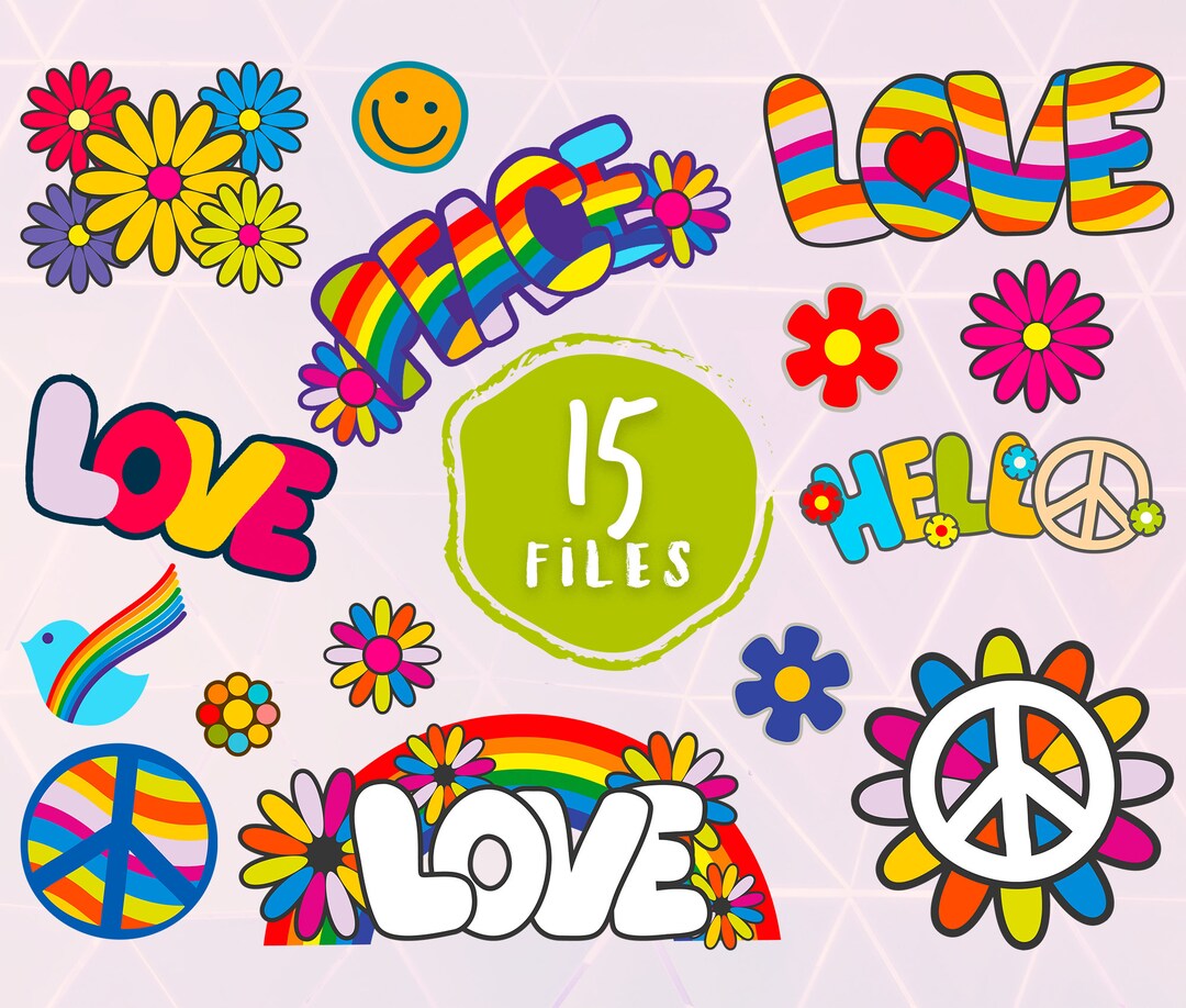 Peace and Love SVG Bundle, Hippie EPS Set, Hippie Simbols Clipart ...