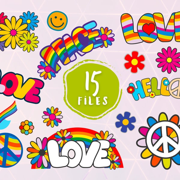 Peace And Love SVG Bundel, Hippie EPS Set, Hippie Simbols Clipart Collectie