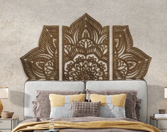 Mandala king headboard, Mandala bed decor, Half moon headboard, Bed wall panel, Mandala wood wall art, Headboard panels