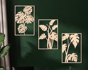Monstera leaf wall art, Tropical leaf wood wall art,Monstera wall decor,Jungle wood wall panel decor, Botanical leaves 3 panel wood wall art
