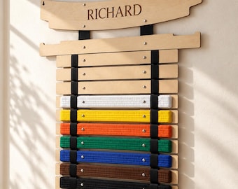 Karate Belt Display Rack, Personalized Martial Arts Belt Holder, Wooden Taekwondo Belt Organizer, Wall Mounted Belt Display, Karate Gift
