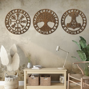 Vegvisir wall art, Yggdrasil wall art, Viking wall art, Norse wall decor, Tree of life wood wall art, Wood wall art set of 3, Viking gifts