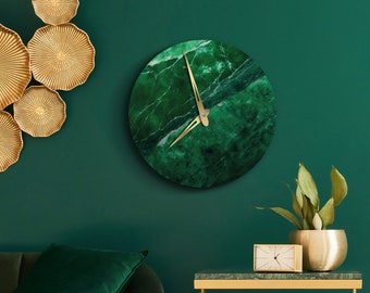 Green marble wall clock, Emerald wall clock, Minimalist wall clock, Decorative clock, Large wall clock, Modern wall clock, Luxury clock