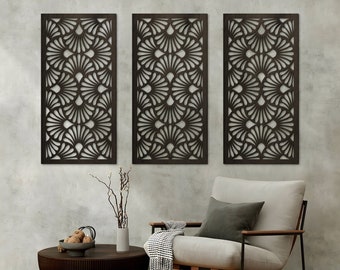 Leaves wooden wall wrt, Triptych wall art, Botanical wood wall art, 3 Panel Wall Decor, Moroccan lattice, Wooden lattice panels