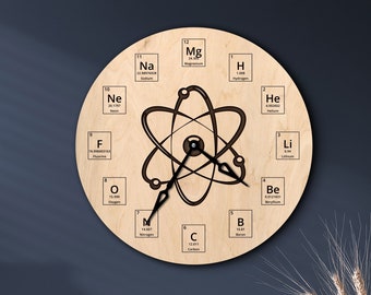 Chemistry Clock, Teacher wall clock, Science clock, Wooden wall clock, Atom wall clock, Periodic table letters, Teacher appreciation gifts