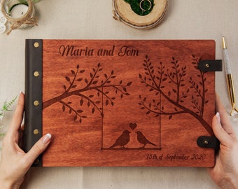 Wedding guest book with tree, Love birds wedding guest book, Wooden wedding guest book,Rustic wedding guest book,Monogram wedding guest book