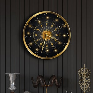 Reloj de constelación, reloj de pared del zodíaco, reloj celestial, arte de pared astrológico, reloj del zodíaco lunar, decoración de pared bohemia, reloj de carta astral