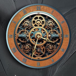 Steampunk wood wall clock,Industrial wall clock,Gears wall clock,Wall clock roman numerals,Mechanical wall clock,Vintage industrial wall art