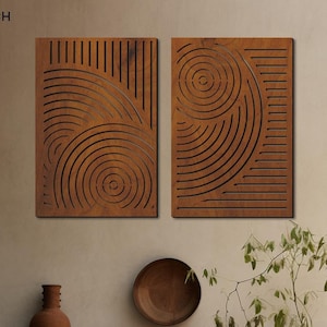Moderne Holzwandkunst aus der Mitte des Jahrhunderts, Retro-Holzwandpaneele, Vintage-Kreisholzwandkunst, 2er-Set abstrakte Wandkunst, geometrische Holzwandkunst