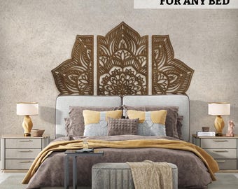 Mandala king headboard, Mandala bed decor, Half moon headboard, Bed wall panel, Mandala wood wall art, Headboard panels