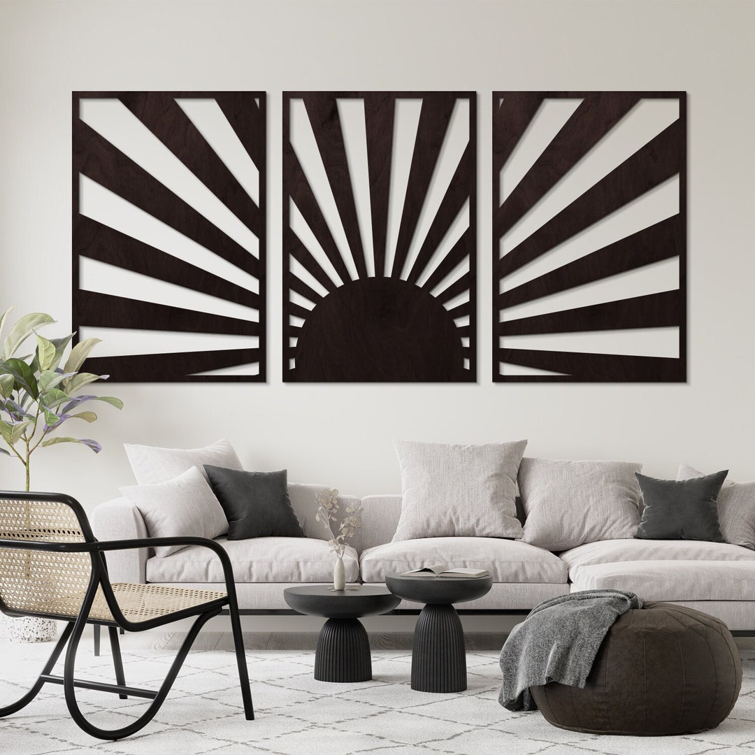 Sun Wood Wall Art, Sunshine Wood Wall Set of 3 Panels, Sun Wood Wall