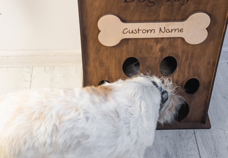 May include: A wooden dog toy box with a bone-shaped cutout that reads "Custom Name." The box has circular holes and a dog is interacting with it. The dog is white and tan.