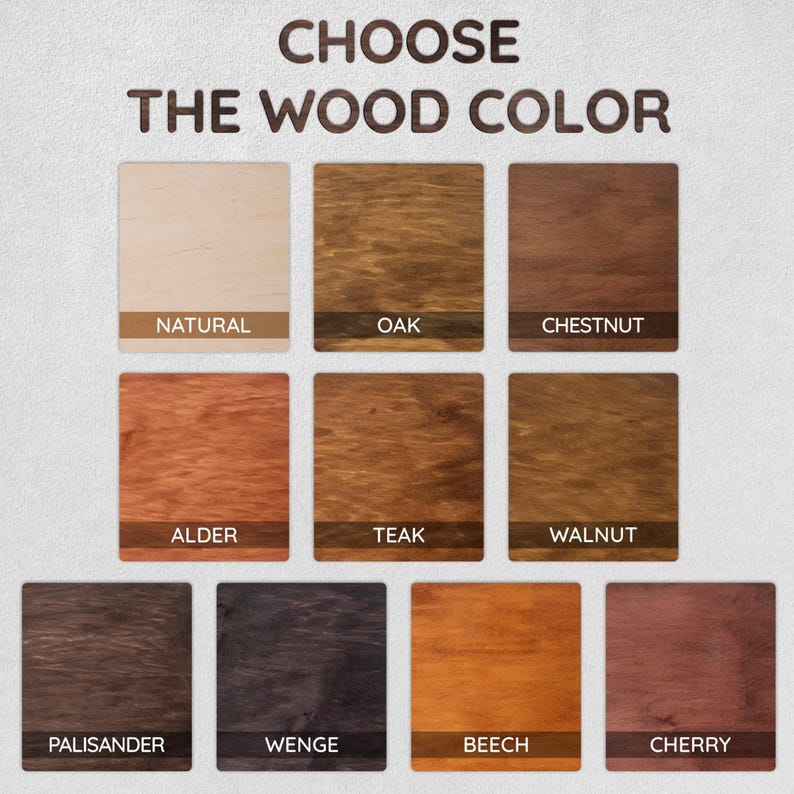 May include: Nine wood colour swatches, labelled with the names: Natural, Oak, Chestnut, Alder, Teak, Walnut, Palisander, Wenge, Beech, and Cherry.