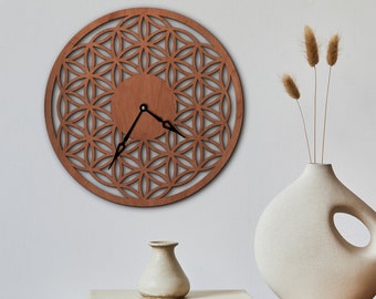 Livets blomma-klocka, klocka med helig geometri, väggklocka i trä, väggklocka med mandala, väggklocka med yoga, unik väggklocka, väggdekor med mandala