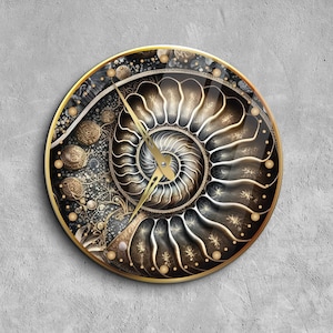 May include: A round clock with a gold frame and a black and gold spiral design. The clock face features a nautilus shell pattern with a gold and black color scheme.
