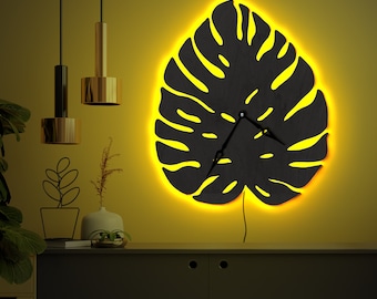 Orologio a foglia di monstera, Orologio da parete tropicale, Orologio da parete a LED, Orologio da parete in legno, Orologio da parete moderno, Orologio da parete unico, Orologio da parete grande