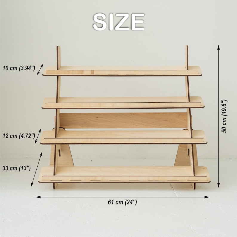 May include: A wooden shelf unit with three shelves. The shelf unit is 24 inches wide, 19.6 inches tall, and 13 inches deep. The shelves are 3.94 inches high and 4.72 inches high.