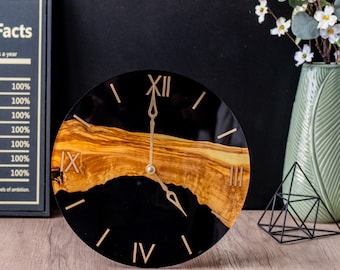 Epoxy resin clock, Black wood wall clock,Resin wood wall clock,Roman numeral clock,Unique wall clock,Modern wall clock,Epoxy wood wall clock
