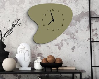 Sage green clock, Scandi wall clock, Green wall clock, Wall clock unique,Modern wall clock,Art deco clock,Boomerang clock,Kitchen wall clock