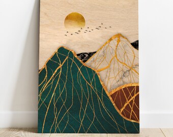 Mountain wood wall art, Nature wood wall art, Boho wood wall decor, Mountain scene wood art,Rustic farmhouse wall decor,Modern mountain art